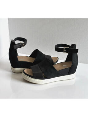 Dr Scholls Say What Wedge Sandals Women's 8.5 M Black Leather Snake Ankle Strap